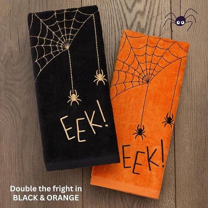 SKL Home Halloween Eek Hand Towel Set-2pc, 100% Cotton, Embroidered, Orange | Soft, embroidered velour. Great for the bathroom, kitchen or bar & gift.