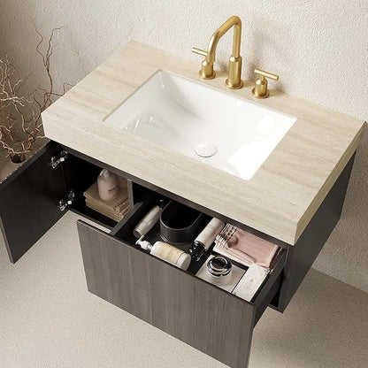 Ambrovina 36" Floating Bathroom Vanity with Sink, Modern Plywood Storage Vanities with Drawer and Door, Roma Travertine-Pattern Countertop with 3 Pre-drilled Faucet Holes Ceramic Basin, Espresso