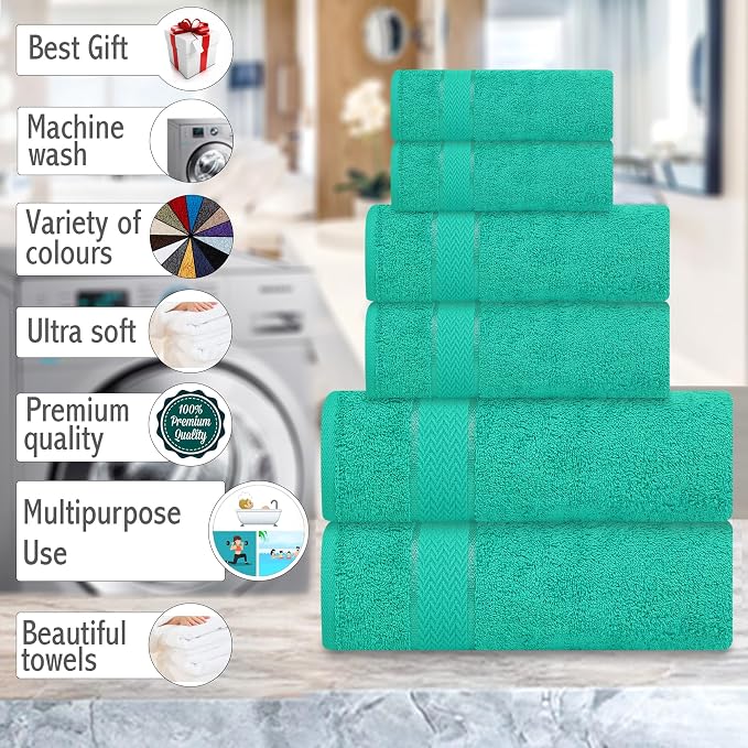CRAFTBERRY- 6 Piece Cotton Bath Towel Set- 2 Bath - 2 Hand - 2 Face, Teal | 100% Cotton • Thick & Plush • Hotel Quality • Ultra Soft • Highly Absorbent • Quick Dry • Low Lint • Machine Washable