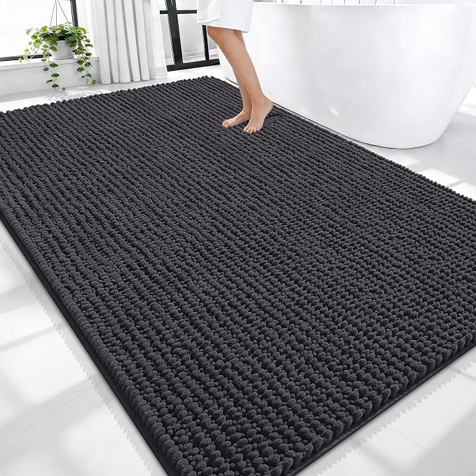 OLANLY Thick Chenille Large Bathroom Rugs Mats 70x46, Dark Grey | Soft Absorbent Bath Rugs, Rubber Backing, Machine Wash Dry, Bath Mats for Bathroom, Tub and Shower, Home Decor Accessories