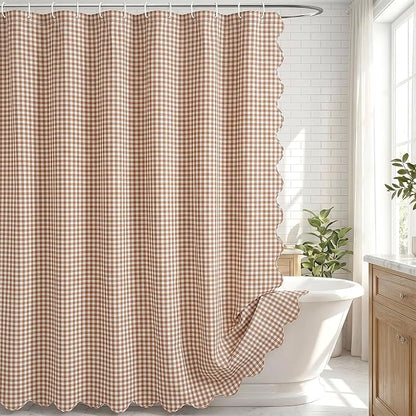 HunnmingRe Scalloped Gingham Shower Curtain Taupe | 72'' x 72'' Vintage Farmhouse Curtain, Cotton Cottage Core Rural Checkered Plaid Decor, Fall Shower Curtain for Bathroom