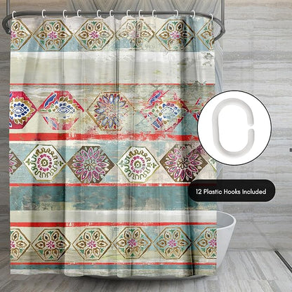 Americanflat 71x74 Boho Shower Curtain - Water-Resistant Long Shower Curtain with Durable Metal Grommets and 12 Hooks - 100% Polyester - Turquoise, Rust Red, Magenta and Olive Green