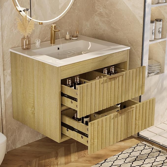 24" Bathroom Vanity with Sink, Floating Bathroom Vanity with 2 Fluted Drawers & Metal Handle, Wall Mounted Cabinets with Integrated Ceramic Sink for Apartment, Home, Wood Grain