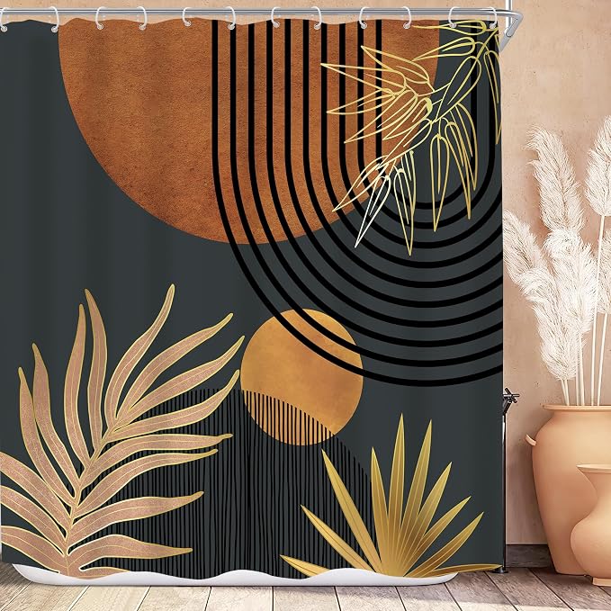 Mid Century Brown Black Boho Abstract Modern Bathroom Shower Curtain Set | 72Wx72L Plant Botanical design, waterproof HD print with fast-drying fabric and 12 hooks.