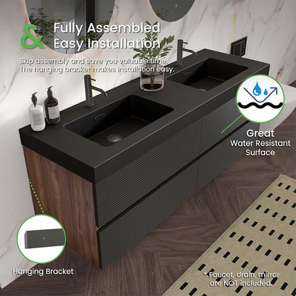 60" Pre-Assembled Floating Vanity with Double Sink, Walnut+Black | Modern Floating Double Sink Bathroom Vanity with Integrated Black Engineered Stone Top & Soft-Closing Drawers