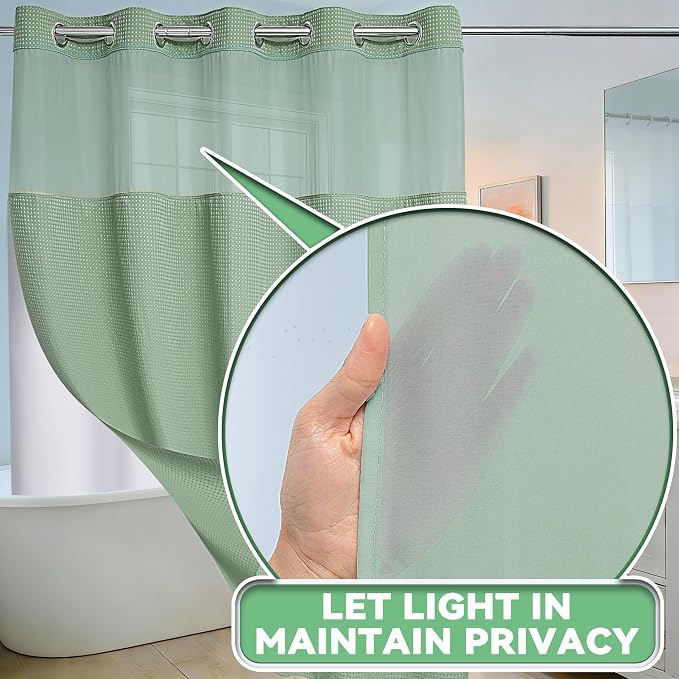Conbo Mio No Hook Sage Green Waffle Weave Shower Curtain with Snap in Liner Set, Hotel Luxury Shower Curtains for Bathroom with See Through Top Window, Waterproof, Washable 71W x 74H