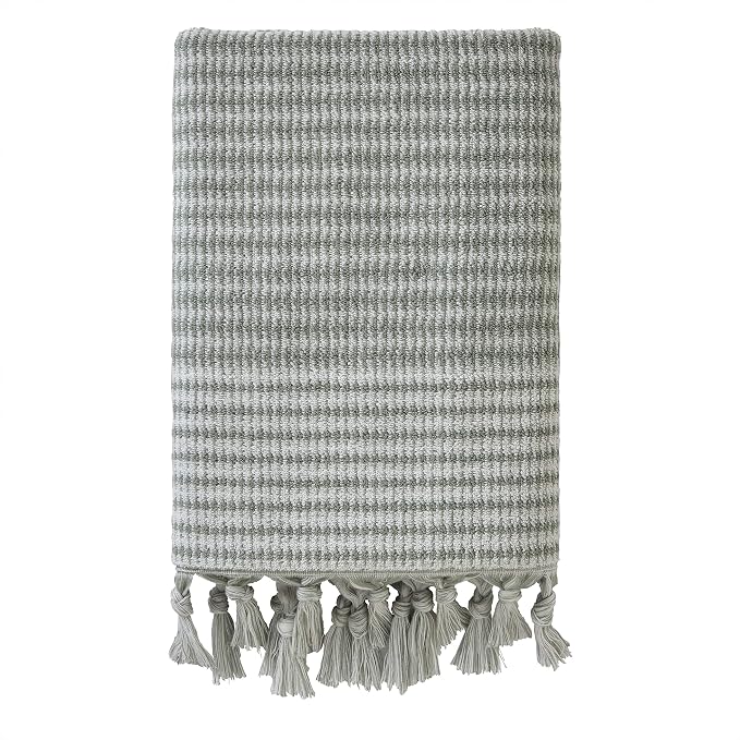 SKL Home Longborough Bath Towel, 100% Turkish Cotton, Sage | 640 GSM weight. Spa-level quality. Soft & absorbent jacquard with hand-knotted tassels.