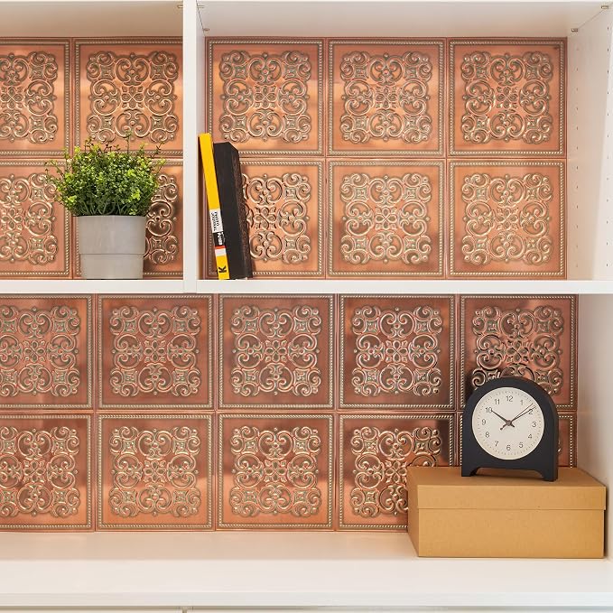 Peel and Stick Metal Backsplash Tiles, Patina Copper, 10-Pack | 8 x 8 in tile size; Covers up to 4.44 sq ft; Aluminum; Water-resistant surface; For kitchens, ceilings, DIY projects