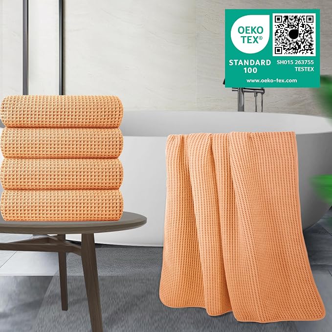POLYTE 430 GSM Poly Blend Microfiber Quick Dry Waffle Bath Towel, 30x60 in | 4 Pack, Oversize, Lint Free, Body Towel
