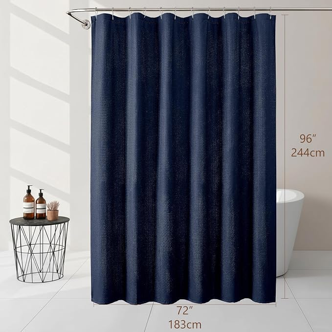 Extra Long Navy Blue Shower Curtain 96 Inch Long 1 Piece, Waffle Embossed Textured Fabric Shower Curtain for Bathroom Large Hotel, Water Resistant, Machine Washable, 72Wx96L Inches