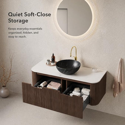 48 Inch Bathroom Vanity with Sink, Floating Wall Mounted Single Sink Vanity, Dark Walnut Curved Fluted Front, Stone Top, Black Marble Vessel Basin, Pre-Assembled