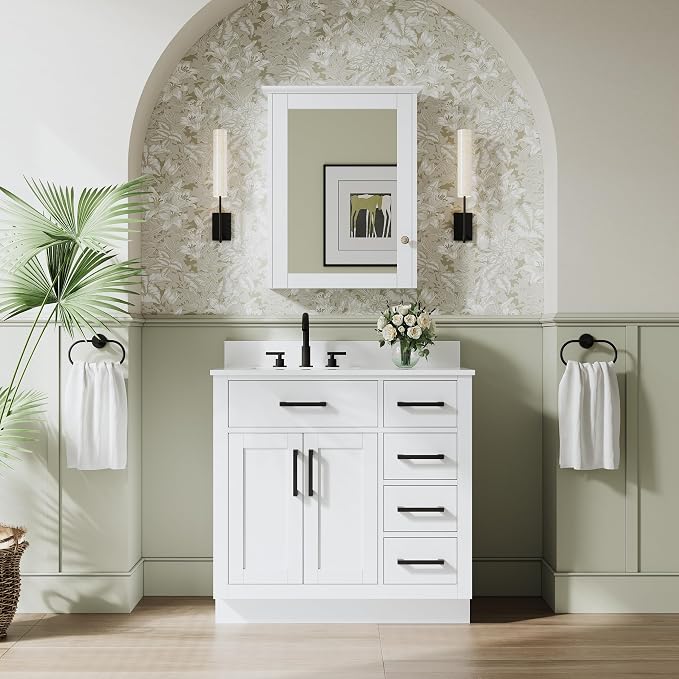 36-Inch Bathroom Vanity with Sink W/ 2 Doors & 4 Drawers & 1 Flip Drawer, White Vanity W/Matte Black Handles