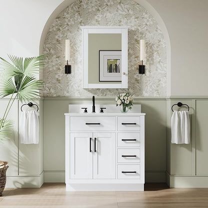 36-Inch Bathroom Vanity with Sink W/ 2 Doors & 4 Drawers & 1 Flip Drawer, White Vanity W/Matte Black Handles