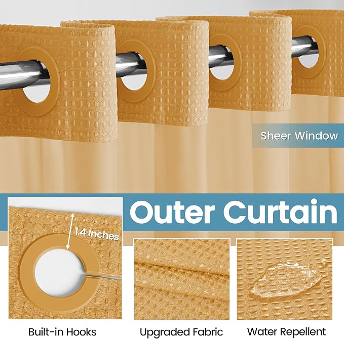 EUTXL 256GSM Heavyweight Hotel Shower Curtain - Waffle Textured Heavy Duty Thick Fabric Shower Curtains for Bathroom,71W x 74H,Gold