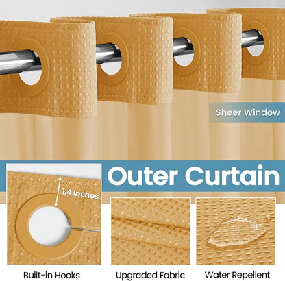 EUTXL 256GSM Heavyweight Hotel Shower Curtain - Waffle Textured Heavy Duty Thick Fabric Shower Curtains for Bathroom,71W x 74H,Gold