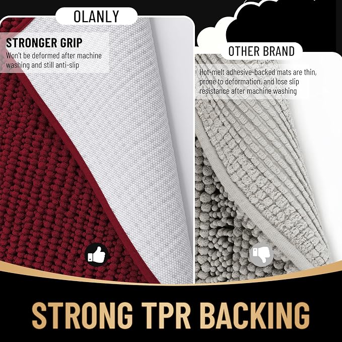 OLANLY Thick Chenille Bathroom Runner Rugs Mats 59x20, Burgundy | Soft Absorbent Bath Rugs, Rubber Backing, Machine Wash Dry, Bath Mats for Bathroom, Tub and Shower, Home Decor Accessories