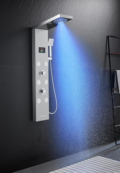 Stainless Steel Shower Panel Tower System with LED lights(No battery need), Hydroelectric LED Rainfall Shower Tower System with 6 Pcs Body Jets, Brushed Nickel