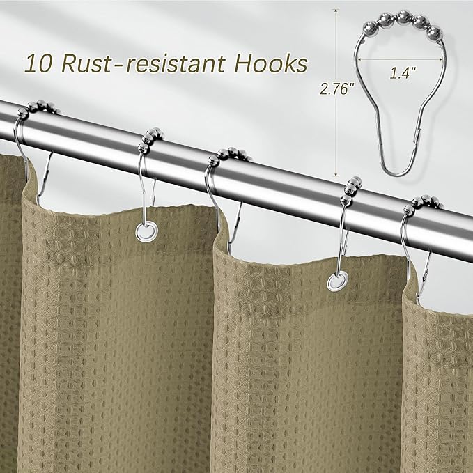 Taupe Fabric Shower Curtain for Bathroom Stall, 60 inche Waffle Weave Machine Washable Waterproof 256GSM Heavy Duty Weighted Bath Curtain Set with 10 Metal Hooks, 60Wx72H