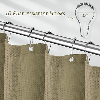 Taupe Fabric Shower Curtain for Bathroom Stall, 60 inche Waffle Weave Machine Washable Waterproof 256GSM Heavy Duty Weighted Bath Curtain Set with 10 Metal Hooks, 60Wx72H