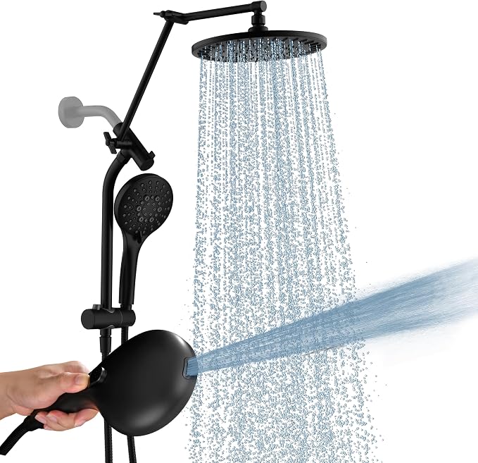 BRIGHT SHOWERS Rain Shower System with Handheld, High Pressure Dual Shower Head Combo, 9-Spray Modes, Adjustable Slide Bar & Extension Arm, 3-Way Diverter, Built-in Power Wash, 69" Hose, Matte Black