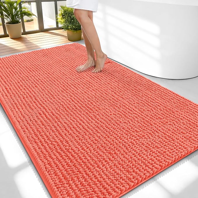 OLANLY Thick Chenille Large Bathroom Rugs 59x35, Absorbent Bath Mat, Coral | Soft Bath Rugs, Rubber Backing, Machine Wash Dry, Bath Mats for Bathroom, Tub and Shower, Home Decor Accessories