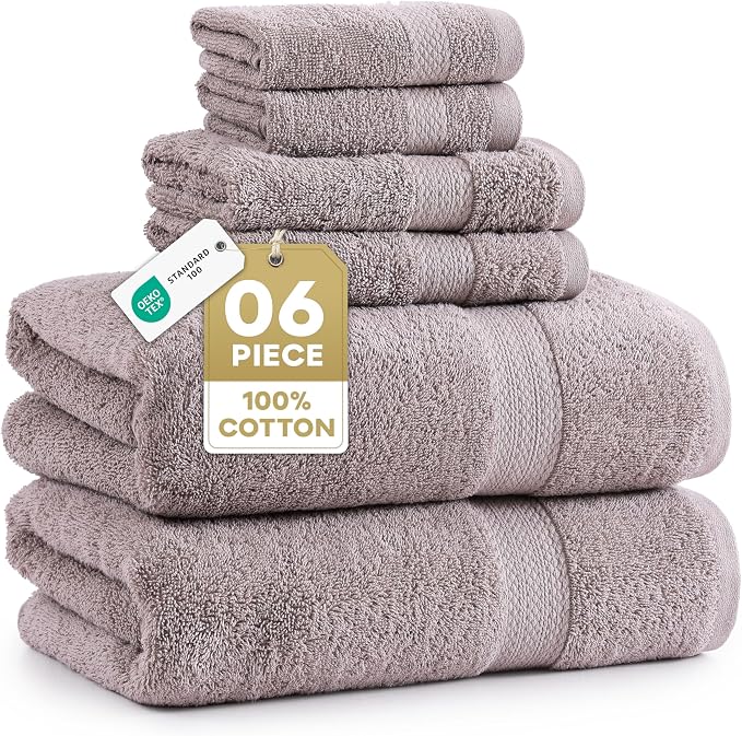 LANE LINEN Towel Set Quick Dry 100% Cotton 6 Piece Soft - Platinum | Cotton Bath Towel Set - Ring-Spun Durability, Ring-Spun Cotton, Terry Weave Comfort, Long-Lasting Comfort, Hotel-Style Look