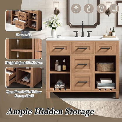 36" Mid-Century Bathroom Vanity with SMC Sink (Natural Wood Style2, 36") | Ample Storage Space with 2 Drawers, Adjustable Shelves & Open Breathable Hollow Shelf, Smooth Drawer Slides