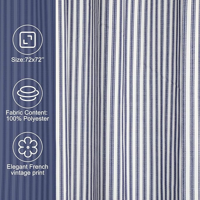 Stripe Cotton Toile Shower Curtain Ticking Stripe Woven Print Curtain Bathroom Decor for Traditional and Contemporary Style Kitchen Bath Home(Navy Blue and White,72 x 72 Inches)