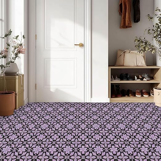 Purple Sparkle Geometric Peel and Stick Floor Tiles 12x12 Inch 10PCS | Purple floral geometric pattern with a printed sparkle look vinyl tiles for kitchen bathroom entryway and indoor decor