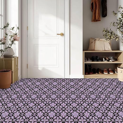 Purple Sparkle Geometric Peel and Stick Floor Tiles 12x12 Inch 10PCS | Purple floral geometric pattern with a printed sparkle look vinyl tiles for kitchen bathroom entryway and indoor decor