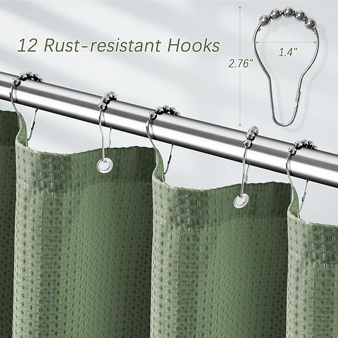 Sage Green Shower Curtain - Waffle Weave Fabric Heavy Duty for Bathroom, Water Repellent Weighted 256GSM Hotel Quality Machine Washable Bath Curtains with 12 Hooks, 72Wx72H