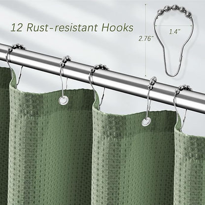 Waterproof Fabric Shower Curtain Extra Long Waffle Weave Heavy Duty Bathroom Shower Curtain Set, 256GSM Weighted Thick Shower Curtain with 12 Rust-Resistant Hooks,72Wx90H Sage Green