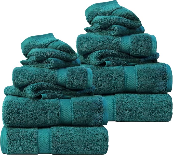 SUPERIOR Egyptian Cotton Ultra Plush & Absorbent, 12 Piece Set, Teal | Heavyweight 12 Pc Egyptian Cotton Towel Set Includes 4 Bath Towels 4 Hand Towels 4 Washcloths Decorative Rope Border