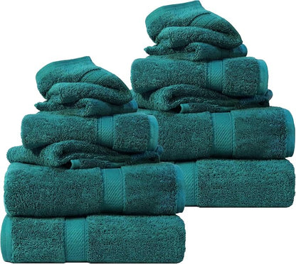 SUPERIOR Egyptian Cotton Ultra Plush & Absorbent, 12 Piece Set, Teal | Heavyweight 12 Pc Egyptian Cotton Towel Set Includes 4 Bath Towels 4 Hand Towels 4 Washcloths Decorative Rope Border
