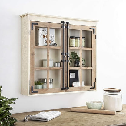Kate and Laurel Hutchins Decorative Farmhouse Wood Wall Cabinet, 30 x 6.5 x 27.5, White and Brown, Wall Cabinet with Window Pane Glass Door
