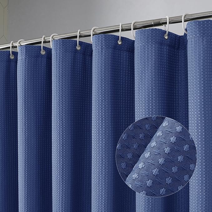 OVZME Stall Fabric Shower Curtain Set - 36x72, Waffle Weave 230GSM Heavy Duty Shower Curtains for Narrow Stall Size, Machine Washable Bath Curtain with 12 Plastic Hooks, 36x72 Inch, Blue