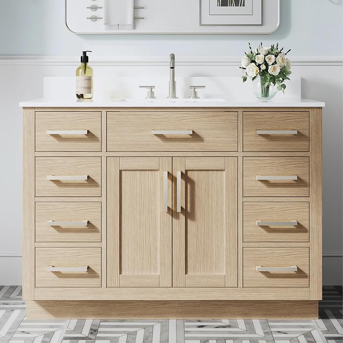 48-Inch Bathroom Vanity with Sink W/ 2 Doors & 8 Drawers & 1 Flip Drawer, Oak Vanity W/Brushed Nickel Handles