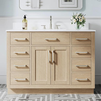 48-Inch Bathroom Vanity with Sink W/ 2 Doors & 8 Drawers & 1 Flip Drawer, Oak Vanity W/Brushed Nickel Handles