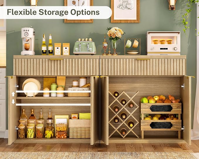 31.5" W Fluted Buffet Cabinet with Storage, Sideboard Cabinet, Coffee Bar Cabinet with 2 Doors and Adjustable Shelf for Living Room, Kitchen, Entryway, Natural