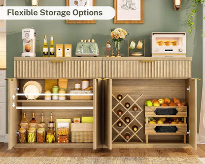 Fluted Buffet Cabinet with Storage, 63" Sideboard Cabinet, Coffee Bar Cabinet with 2 Doors and Adjustable Shelf for Living Room, Kitchen, Entryway, Natural