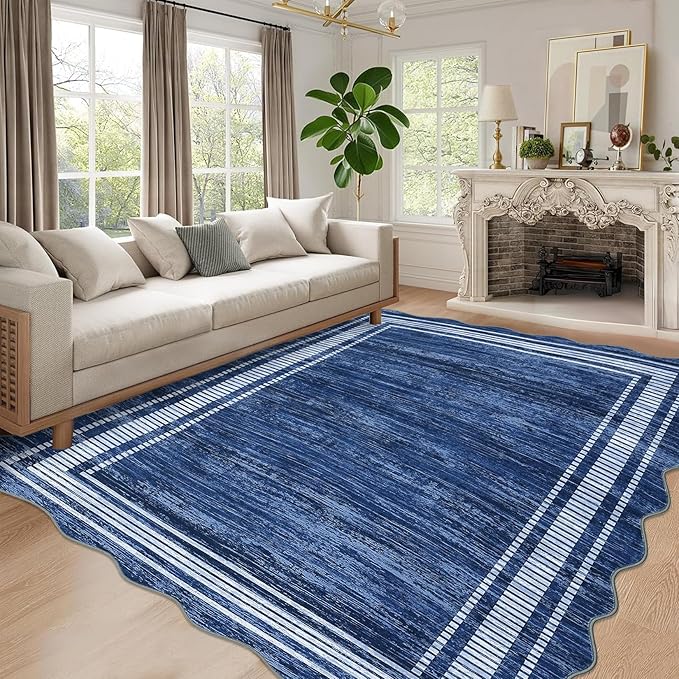 Garvee Navy Scalloped Rug 10x13 Washable Rug for Living Room | Girls Rug for Bedroom Non-Slip Soft Carpet for Bedroom, Scalloped Low-Pile Print Accent Rug for Dining Room Home Office