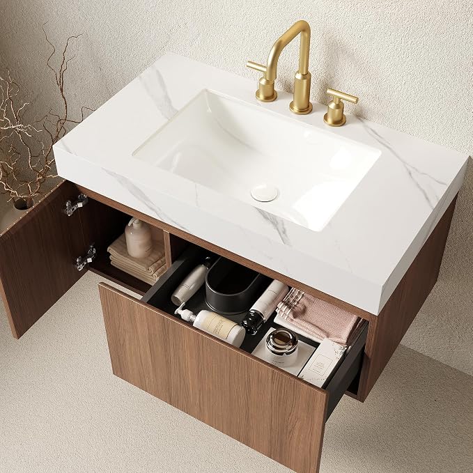 KEIKI 36 Inch Floating Bathroom Vanity with Sink, Brown Oak & White | Modern Wall Mounted Storage Cabinet w/ Drawer & Door, Pre-assembled Wood Panels, Sintered Stone Top & Ceramic Basin Combo Set