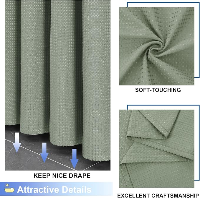 Long Fabric Shower Curtain Set, Waffle Textured Shower Curtain for Bathroom - Weight 230GSM Heavy Duty Hotel Spa Luxury Bath Curtain Set with 12 Plastic Hooks, 72x78, Sage Green
