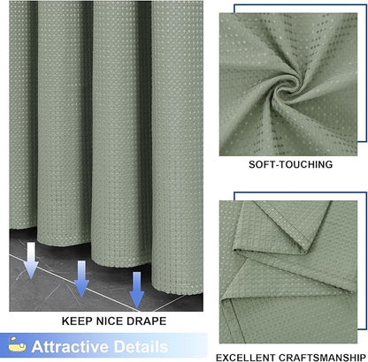 OVZME Extra Long Shower Curtain Set - 84 Inch Long Waffle Weave Heavy Duty Cloth Shower Curtain for Bathroom, Luxury Weighted 230GSM Bath Curtain Set with 12 Plastic Hooks, 72x84, Sage Green