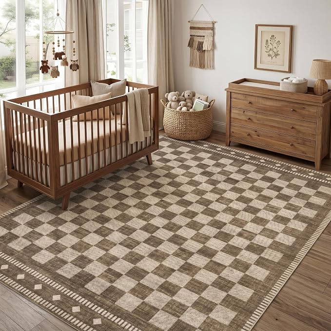 Garvee Washable 9x12 Area Rug for Bedroom Brown Checkered Non Slip | Living Room Rug Large Area Rug Soft Non Shedding Throw Rugs Stain Resistant Carpet for Office Dining Room Nursery