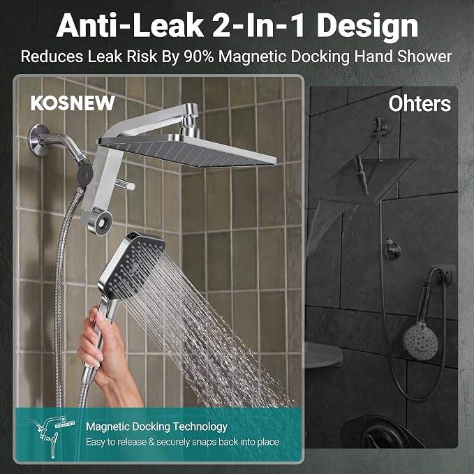 12" XXL Rainfall Shower Head with Handheld Combo, Chrome Polished | High Pressure, Magnetic Docking, Air-Infusion Tech, Anti-Leak One-Piece Design, Dual Square Showerhead