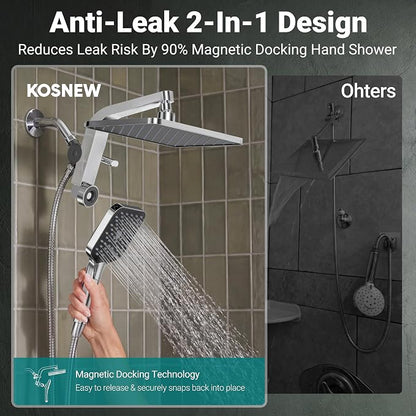 12" XXL Rainfall Shower Head with Handheld Combo, Chrome Polished | High Pressure, Magnetic Docking, Air-Infusion Tech, Anti-Leak One-Piece Design, Dual Square Showerhead