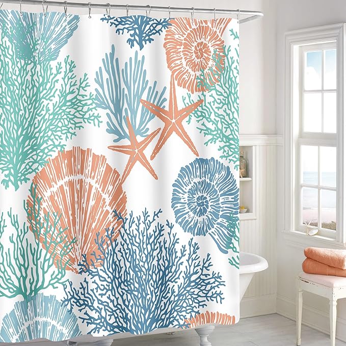 Nautical Coastal Shower Curtain, Blue Orange Teal Beach Ocean Theme Shower Curtain for Bathroom Decor, Summer Tropical Seashell Starfish Coral Fabric Shower Curtain Set with Hooks, 72x72