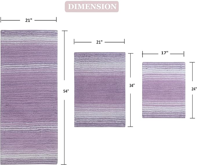 Home Weavers 100% Cotton Gradiation Collection Bathroom Décor | Washable Rug | Bathroom Mat | Kitchen Mat | Bathroom Rug Set | Bath Mat Set | Bath Floor Mat Non Slip, 3 Piece Set with Runner, Purple