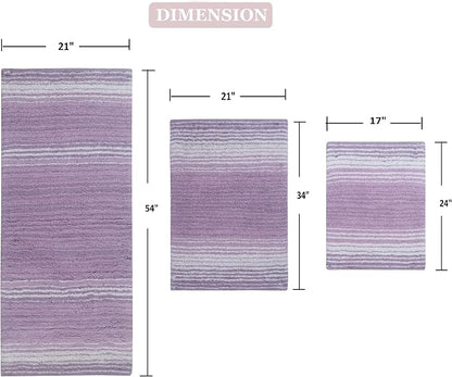 Home Weavers 100% Cotton Gradiation Collection Bathroom Décor | Washable Rug | Bathroom Mat | Kitchen Mat | Bathroom Rug Set | Bath Mat Set | Bath Floor Mat Non Slip, 3 Piece Set with Runner, Purple